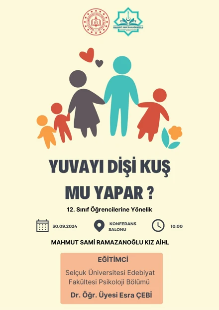 Bölüm başkanımız Dr. Öğr. Üyesi Esra Çebi, Mahmut Sami Ramazanoğlu İHL öğrencilerine yönelik aile konulu seminer verdi.